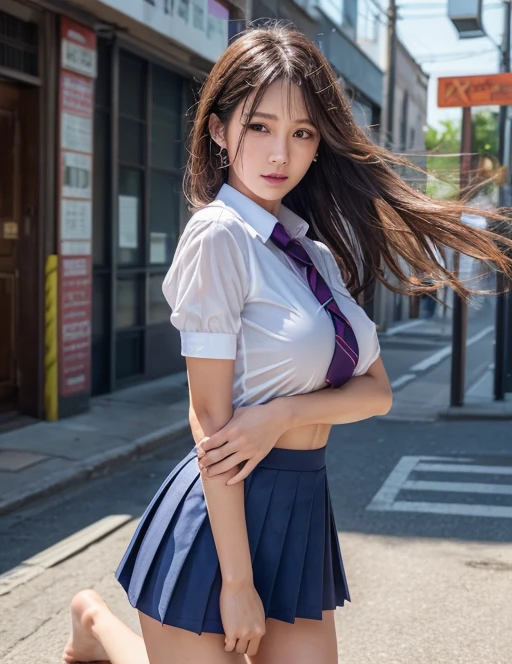 1womanl、(Solo:1.5)、(Super beautiful)、(beauitful face:1.5)、(A detailed face:1.5)、(A detailed eye:1.1)、(Detailed lips:1.1)、(Detailed nose:1.1)、hi-school girl、(Fight off molesters with karate techniques:1.5)、(high quality karate)、(Kick up high:1.5)、(high-school uniform:1.5)、(white  shirt:1.5)、(neck tie:1.5)、(dark-blue skirt:1.5)、(white  panties:1.6)、(espadrilles:1.6)、make - up、Brown hair、Sidewalks in Shibuya、Sky from below、(At SFW:1.5)