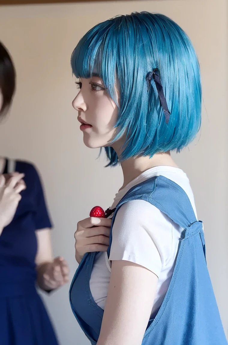 ((One Girl:1.4)),(masterpiece, Highest quality), ayanami,Are standing,((Looking into the camera)),(((Blue Hair)))、(((Berry Short))),(((I can see your chest))),(Nipples are visible), Leiayanami, Rei Ayanami, whole body、I can see your thighs、classroom、Sit on a chair、
blue dress, mini skirt、dress, neck ribbon, pinafore dress, ((red ribbon)),ribbon, , Short sleeve, short-sleeved sweater, sweater,