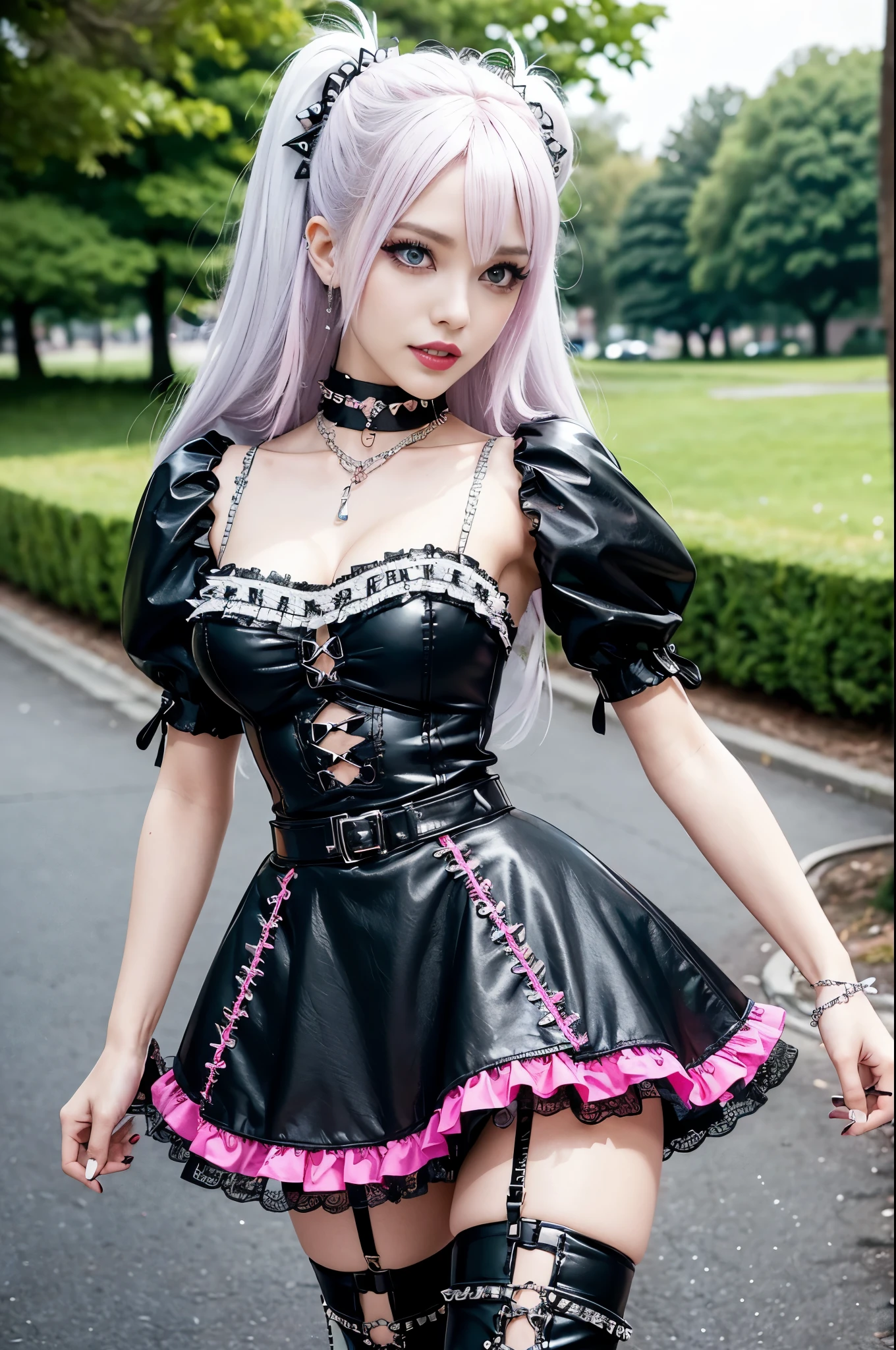 sexy stylish Swedish model, only 1 female, ((doll-like appearance)), long neon pink stylish hair, ((shiny Punk-Style boots)), (happy smile), ultra detailed eyes, Punk makeup, lipgloss, ((sexy Punk Lolita cosplay)), unconventional skirt, petticoats, high neckline, ((ultra detailed lace)), ((ultra detailed embroidery)), intricate details, tartan patterns, (silver chains), (silver spikes), (safety pins), Punk Lolita accessoires, Punk Lolita choker, ((large sparkling Punk Lolita jewelry)), cinematic light, detailed large park background with trees