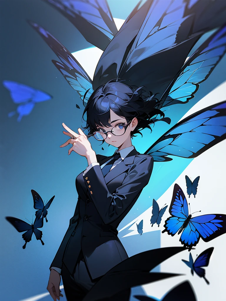 Black Short Hair　Glasses　Black suit　Blue tie　Blue butterfly wings
