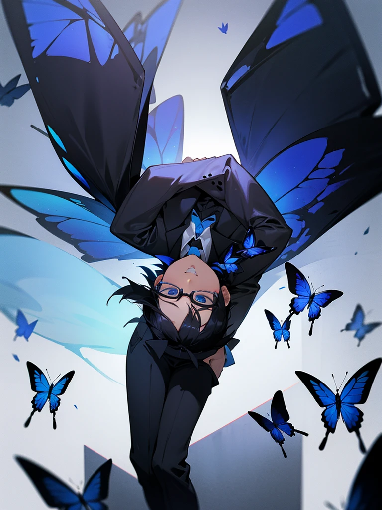 Black Short Hair Glasses Black suit Blue tie Blue butterfly wings