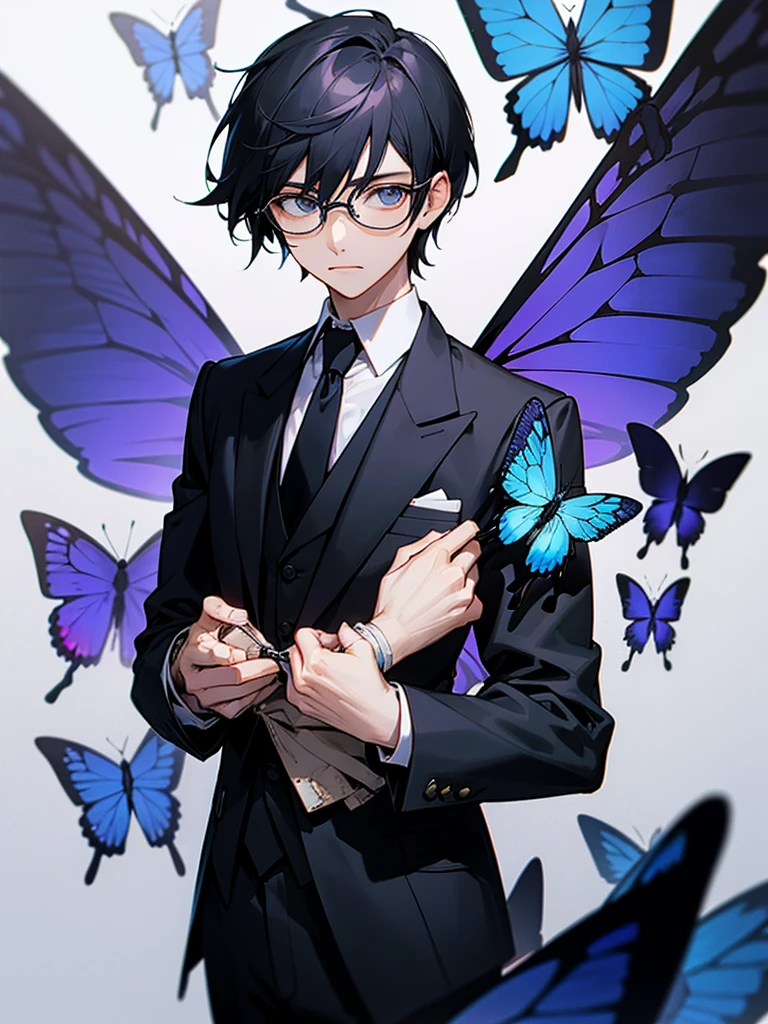 Black Short Hair　Glasses　Black suit　Blue tie　Blue butterfly wings