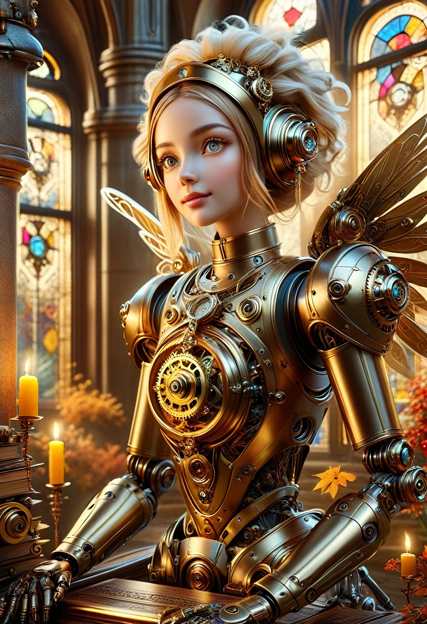 masterpiece, best quality, highly detailed, solo, twintails, off-shoulder sweater, choker, gold locket, jacket, hairband, looking at viewer, smile, mechaical face. Wide Smile, Eyes Detailed & Wide, sexy Pose. Ultra HD, Rococo-Inspired Fantasy Art With Intricate Details. Cute, Charming Expression, Alluring-Gaze, looking at viewer Beautiful Eyes, An-Ideal-Figure. . slim waist, fit body, Warm lights , t, with fluffy hair, delicate face, realistic, real, slim, large aperture, sexy shots, attractive poses, symmetrical face, photorealistic, photography, path tracing, specular lighting, volumetric face light, path traced hairmaximum quality{(masutepiece) (8K High Resolution) (top-quality) In the style of breath of the wild.medieval monastery garden,steampunk craftsman robot monk,beautiful ornate architecture,steampunk machinery and gears,exquisite stained glass windows,enchanted flower garden,ancient stone walkway with intricate carvings,glowing candles and dimly lit atmosphere,steam and smoke billowing from the machinery,mystical atmosphere,peaceful and serene setting,mechanical wings attached to the robot monk's back,robot monk with intricate clockwork mechanisms,electromechanical eyes glowing with energy,warm golden color palette,gentle sunlight streaming through the stained glass windows,whispering sound of wind and rustling leaves,the scent of aged books and incense,notes of ancient Gregorian chants echoing in the air,sense of awe and tranquility,combination of futuristic and medieval elements,harmony of technology and spirituality. 
