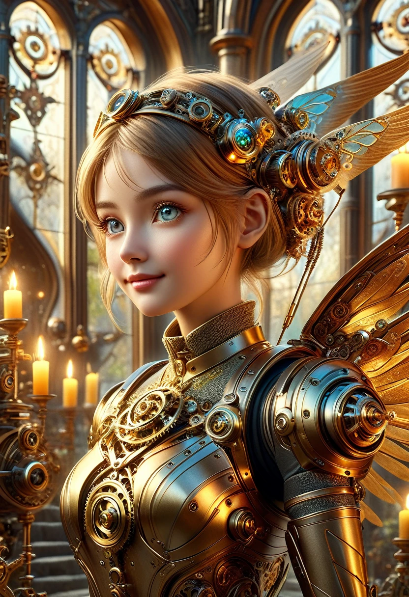 masterpiece, best quality, highly detailed, solo, twintails, off-shoulder sweater, choker, gold locket, jacket, hairband, looking at viewer, smile, mechaical face. Wide Smile, Eyes Detailed & Wide, sexy Pose. Ultra HD, Rococo-Inspired Fantasy Art With Intricate Details. Cute, Charming Expression, Alluring-Gaze, looking at viewer Beautiful Eyes, An-Ideal-Figure. . slim waist, fit body, Warm lights , t, with fluffy hair, delicate face, realistic, real, slim, large aperture, sexy shots, attractive poses, symmetrical face, photorealistic, photography, path tracing, specular lighting, volumetric face light, path traced hairmaximum quality{(masutepiece) (8K High Resolution) (top-quality) In the style of breath of the wild.medieval monastery garden,steampunk craftsman robot monk,beautiful ornate architecture,steampunk machinery and gears,exquisite stained glass windows,enchanted flower garden,ancient stone walkway with intricate carvings,glowing candles and dimly lit atmosphere,steam and smoke billowing from the machinery,mystical atmosphere,peaceful and serene setting,mechanical wings attached to the robot monk's back,robot monk with intricate clockwork mechanisms,electromechanical eyes glowing with energy,warm golden color palette,gentle sunlight streaming through the stained glass windows,whispering sound of wind and rustling leaves,the scent of aged books and incense,notes of ancient Gregorian chants echoing in the air,sense of awe and tranquility,combination of futuristic and medieval elements,harmony of technology and spirituality.