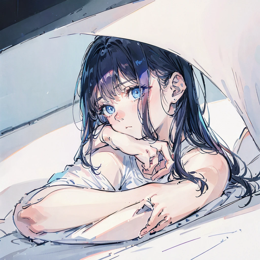 1girl, long straight dark blue eyes hair, pale blue eyes, serious face, wearing white shirt, lying on bed, camera shot from ceiling