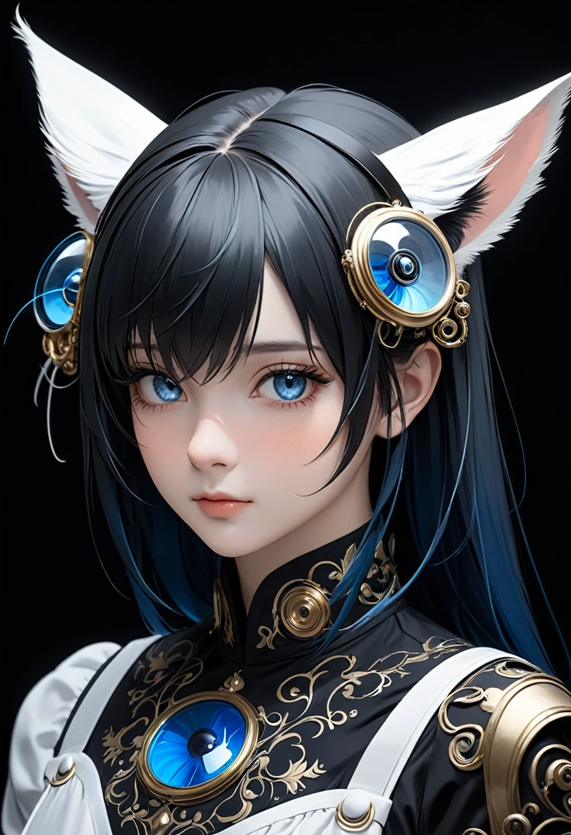 Personnage Hybride Humain-Animal-Cyborg : Un personnage hybride avec des caractéristiques humaines comme les membres de son corps et animales comme son visage inspiré par les animaux et les images précédentes aux cheveux bleus. Ils ont des yeux parfaitement dessinés, des cheveux avec des rayonnements légers de blanc et bleu, et une fourrure détaillée avec des nuances de noir, blanc et gris. Le fond est sombre, mettant en valeur les détails du personnage. Chef d'oeuvre; haute qualité, 8K, fille éblouissante, habillée très vintage en noir, blanc, gris et doré; aux yeux parfaits et égaux, des cheveux avec des rayonnements légers de blanc, dorés et bleu, bordeaux; le thème des motifs tourbillonnants en noir et blanc émanant de ses cheveux et ses épaules reste!, conserver l'esthétique à contraste élevé avec un fond sombre, continuité en le design. Le background est toujours noir ou sombre mettre en valeur le personnage qui regarde le spectateur, au regarde doux et tendre.

