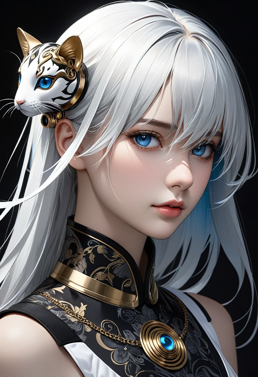 Personnage Hybride Humain-Animal-Cyborg : Un personnage hybride avec des caractéristiques humaines comme les membres de son corps et animales comme son visage inspiré par les animaux et les images précédentes aux cheveux bleus. Ils ont des yeux parfaitement dessinés, des cheveux avec des rayonnements légers de blanc et bleu, et une fourrure détaillée avec des nuances de noir, blanc et gris. Le fond est sombre, mettant en valeur les détails du personnage. Chef d'oeuvre; haute qualité, 8K, fille éblouissante, habillée très vintage en noir, blanc, gris et doré; aux yeux parfaits et égaux, des cheveux avec des rayonnements légers de blanc, dorés et bleu, bordeaux; le thème des motifs tourbillonnants en noir et blanc émanant de ses cheveux et ses épaules reste!, conserver l'esthétique à contraste élevé avec un fond sombre, continuité en le design. Le background est toujours noir ou sombre mettre en valeur le personnage qui regarde le spectateur, au regarde doux et tendre.