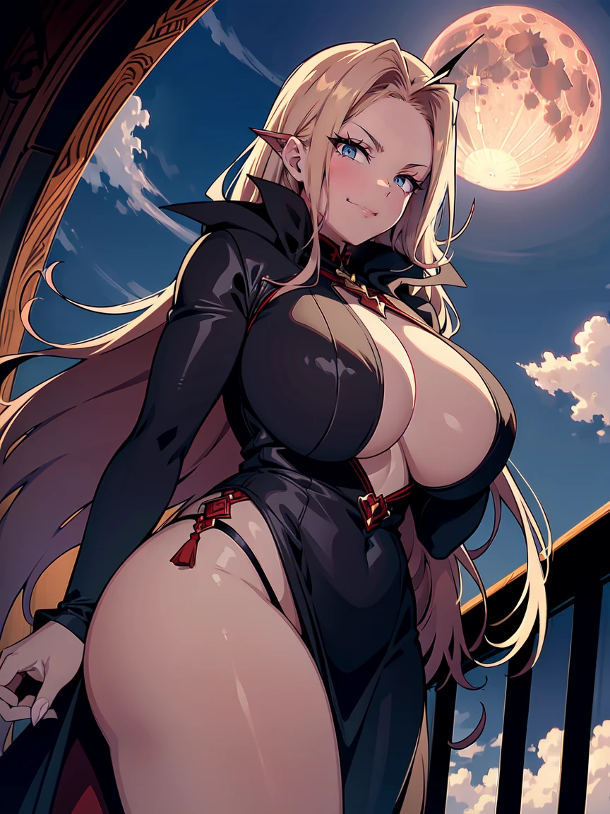 A huge, blood-red full moon peeked through the clouds. A beautiful, busty, mature vampire woman stepped onto the balcony in a crimson-lined, jet-black cloak., In this 16k, masterpiece, every proportion is ideally aligned, making her a seductive and toxic vision, nsfw, masterpiece, (slyly looks:1.1), (Cruel grinning eyes:1.1), perfect anatomy, ideal facial features, ideally proportioned figure, perfectly beautiful body, incredibly absurd res, absolutely resolution,16k wallpaper, looking down at us, Dutch angle, (from diagonally below),