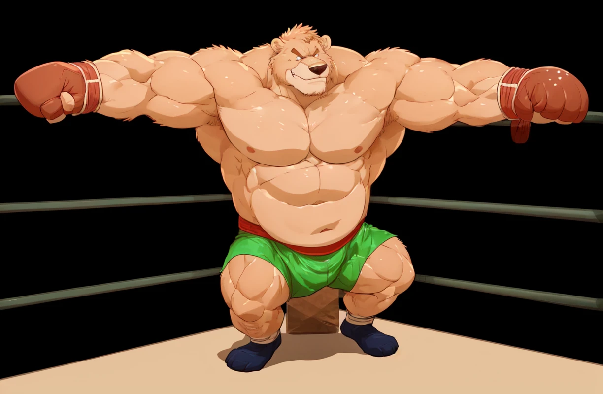 ((solo)), (anthro:1.2) bear (lora; little john), adult, (athletic:1.4), (dense muscles), (super strong:1.4), (correct anatomy:1.2), (broad shoulders:1.2), (heavy build, massive body:1.6), (realistic fur, detailed brown fur texture:1.3), kickboxing martial arts tournament background (corner of the kickboxing MMA ring:1.6), photorealistic, (black compression shorts), (bare torso:1.4), (footwear:1.2), (detailed kickboxing martial arts black shorts), hyperrealistic, ultradetailed, (by wfa:1.2), (by takemoto_arashi, by vorusuarts, by Traver009:1, by grimfaust:1), natural lighting, (oiled up:1.4), ursine head (open eyes, brown mane), (sexy:1.2), ((serious smirk:1.4) expression), (punching:1.4), (view from center:1.4)