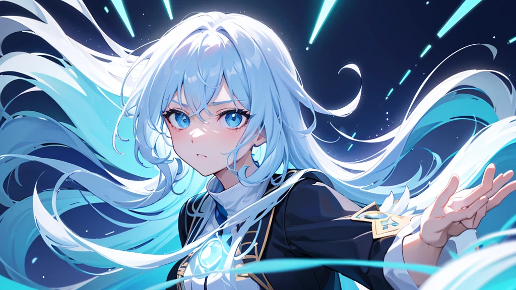 Create an anime-style image featuring a close-up of a character's face with a fantastical background. Focus on a glowing blue eye with detailed and vibrant colors. The hair should be white and dynamically moving, as if influenced by wind or water. Use lighting and light refractions to add attractive and realistic visual effects. Highlight the details in the eye and hair to give a sense of motion and depth, while maintaining a blend of fantastical and realistic elements