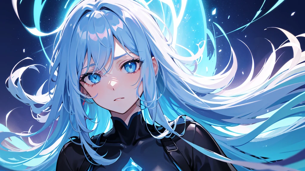 Create an anime-style image featuring a close-up of a character's face with a fantastical background. Focus on a glowing blue eye with detailed and vibrant colors. The hair should be white and dynamically moving, as if influenced by wind or water. Use lighting and light refractions to add attractive and realistic visual effects. Highlight the details in the eye and hair to give a sense of motion and depth, while maintaining a blend of fantastical and realistic elements