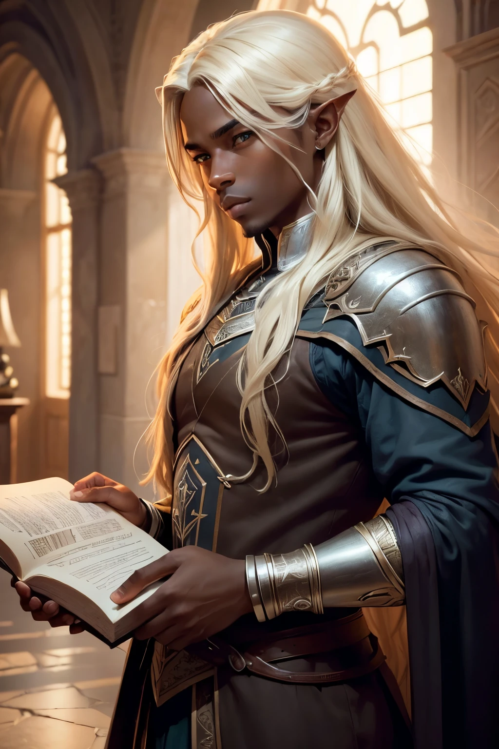 ((best qualityer)), ((work of art)), (detailded), 8K, 4K, hight contrast, work of art, 1 fantasy adventurer ,darkskin, blond long hair, similar to the works of JRR Tolkien, clear lighting, detailed shadows