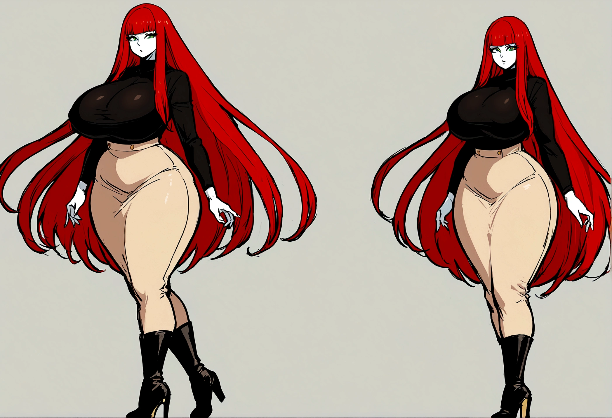 Full body shot of 1 beautiful woman, adult, big body, voluptuous woman, (Very long straight hair), hair with bangs,( red hair), eyes are green, contoured eyelids, painted eyelids, huge breasts, black turtleneck sweater, (beige long pencil skirt), Curvy hourglass figure, chest proportion, narrow skirt , high,  knee-high boots, high heels, white skin, Russian appearance