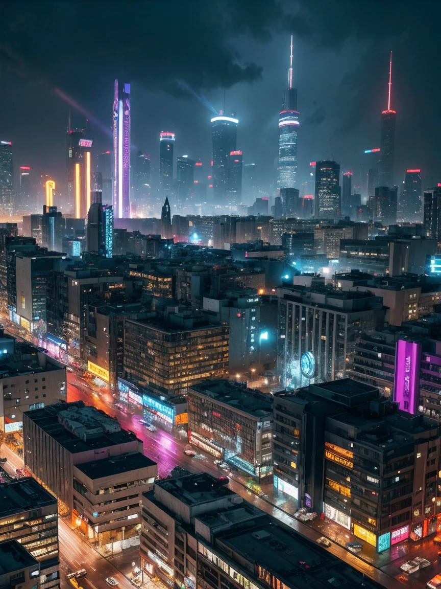 From above, A jet-powered 1974 VW Beetle flies over a cyberpunk city. neon, rain, Led, World of Blade Runner. Dramatic cinematic light of the future city, Spectacular realism , masterpiece, Ultra-high resolution