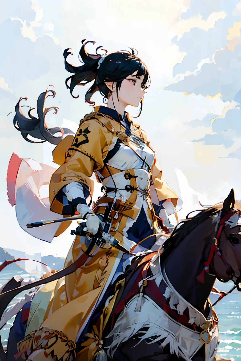 (Highest quality、High resolution、masterpiece)、(Anime Art 4k)、(Realistic)、Horseback archery、Portraiture、 (whole body)、(1 person)、20-year-old woman、Beautiful Face、 (Facial details)、Black Hair、 short hair、 Beautiful Hair、Skin Texture、Slim figure、Cinema Lighting、Ray Tracing、Soft Light、Landscape painted on a foggy morning、Outdoor、Nice views、Seaside、(Sargent-style watercolor)、(Edmund Leighton Style)、