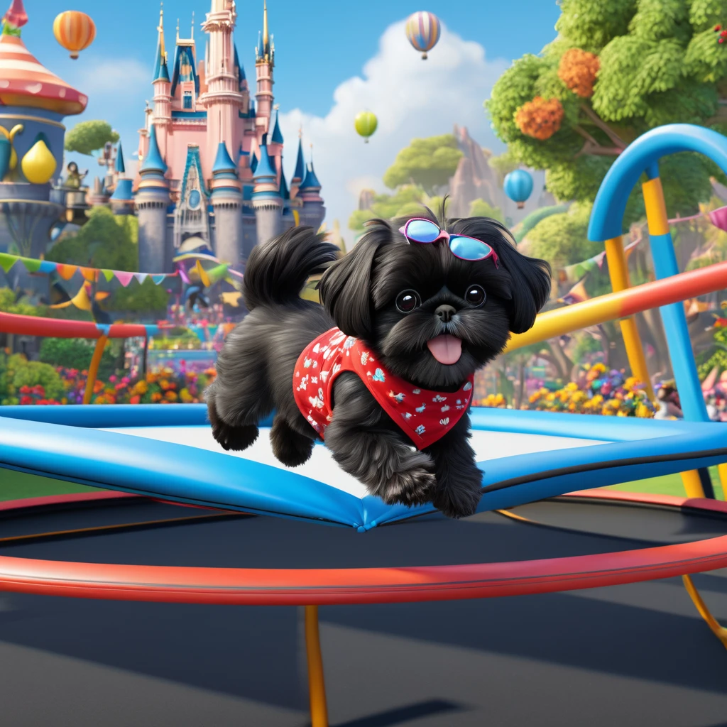 2 adorable small black shih tzu puppies, wearing bright bandannas and sunglasses, jumping on trampoline, disney background, 3d cartoon, 3d render, disney pixar style, cute, playful, high quality, detailed, ultra-detailed, (best quality,4k,8k,highres,masterpiece:1.2),ultra-detailed,(realistic,photorealistic,photo-realistic:1.37), colorful, vibrant, whimsical, magical, enchanting