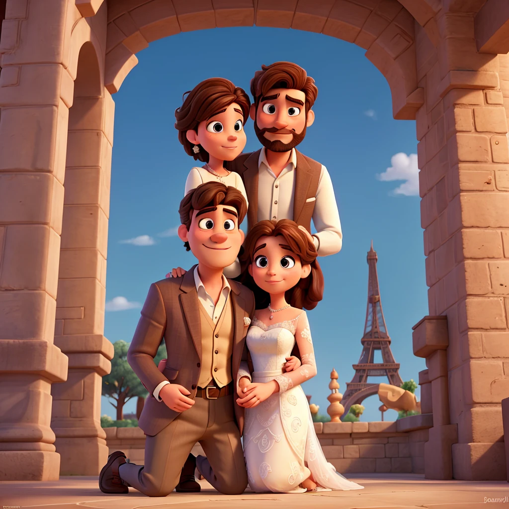 A Disney Pixar-inspired movie poster. The main characters are a couple in their marriage, the brown haired man, and the woman with brown hair, the man with the beard and mustache, the man wearing a grayish blue suit and the bride wearing a long white dress, the man kneeling kissing the hand of the woman who is standing, The scene must be in the distinctive Pixar digital art style, An Eiffel Tower in the background, with a focus on couple expressions, swirly vibrant colors, and detailed textures are characteristic of its animations. Only the bride and groom.