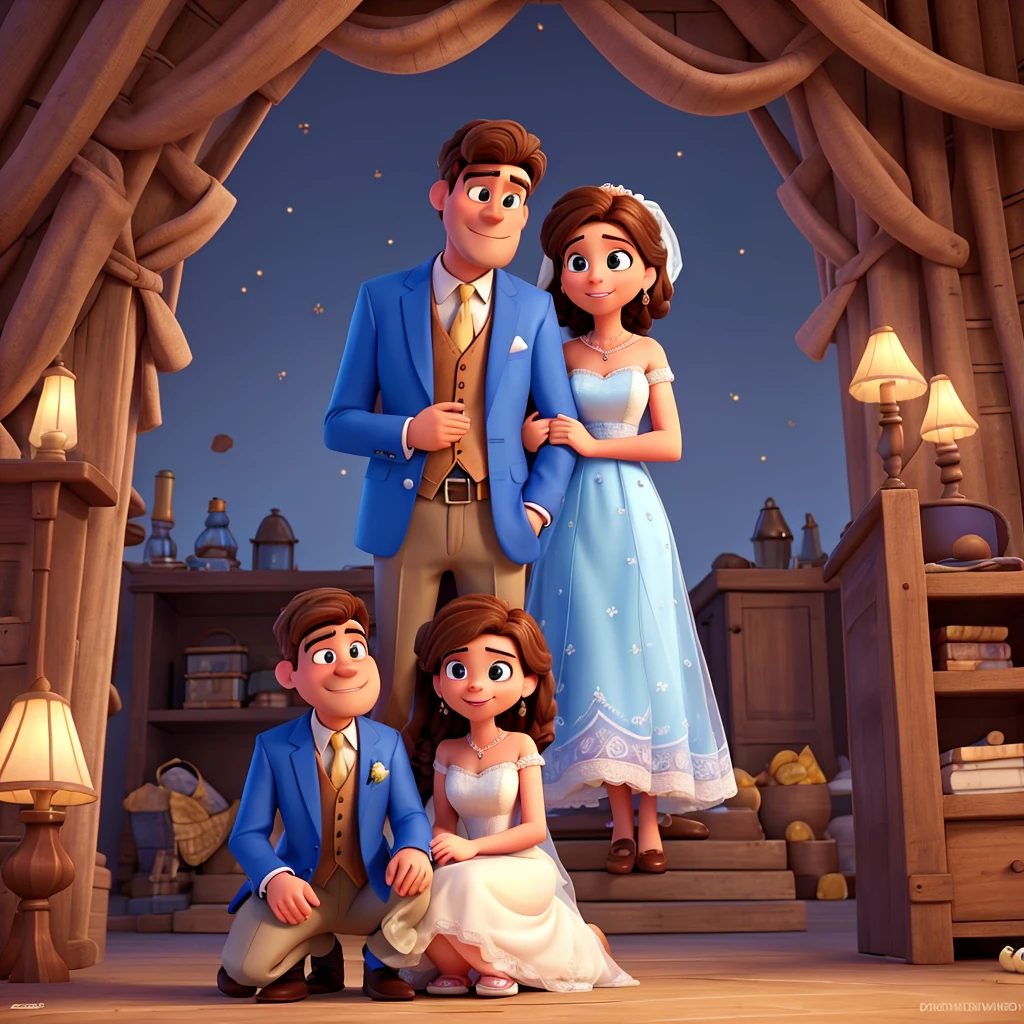 A Disney Pixar-inspired movie poster. The main characters are a couple in their marriage, the brown haired man, and the woman with brown hair, the man with the beard and mustache, the man wearing a grayish blue suit and the bride wearing a long white dress, the man kneeling kissing the hand of the woman who is standing, The scene must be in the distinctive Pixar digital art style, An Eiffel Tower in the background, with a focus on couple expressions, swirly vibrant colors, and detailed textures are characteristic of its animations. Only the bride and groom.