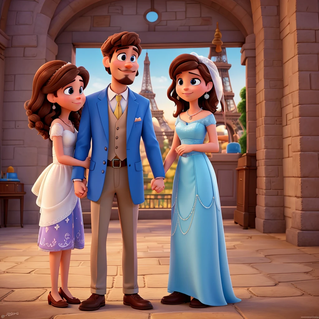 A Disney Pixar-inspired movie poster. The main characters are a couple in their marriage, the brown haired man, and the woman with brown hair, the man with the beard and mustache, the man wearing a grayish blue suit and the bride wearing a long white dress, the man kneeling kissing the hand of the woman who is standing, The scene must be in the distinctive Pixar digital art style, An Eiffel Tower in the background, with a focus on couple expressions, swirly vibrant colors, and detailed textures are characteristic of its animations. Only the bride and groom.
