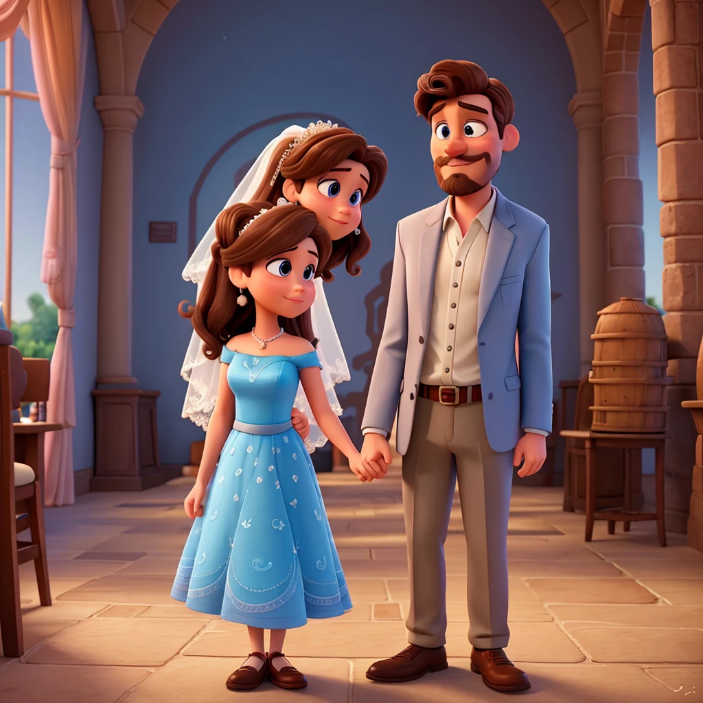 A Disney Pixar-inspired movie poster. The main characters are a couple in their marriage, the brown haired man, and the woman with brown hair, the man with the beard and mustache, the man wearing a grayish blue suit and the bride wearing a long white dress, the man kneeling kissing the hand of the woman who is standing, The scene must be in the distinctive Pixar digital art style, An Eiffel Tower in the background, with a focus on couple expressions, swirly vibrant colors, and detailed textures are characteristic of its animations. Only the bride and groom.