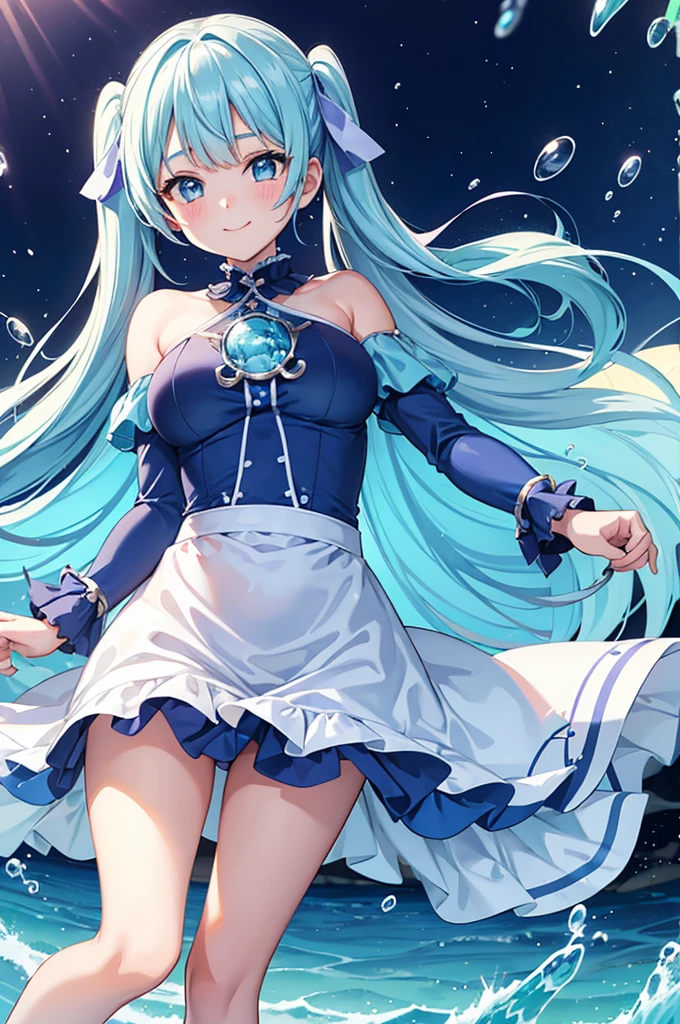 A girl in water with lots of bubbles Light blue long hair Beautiful girl with twin tails In crystal clear water Smiling Girl