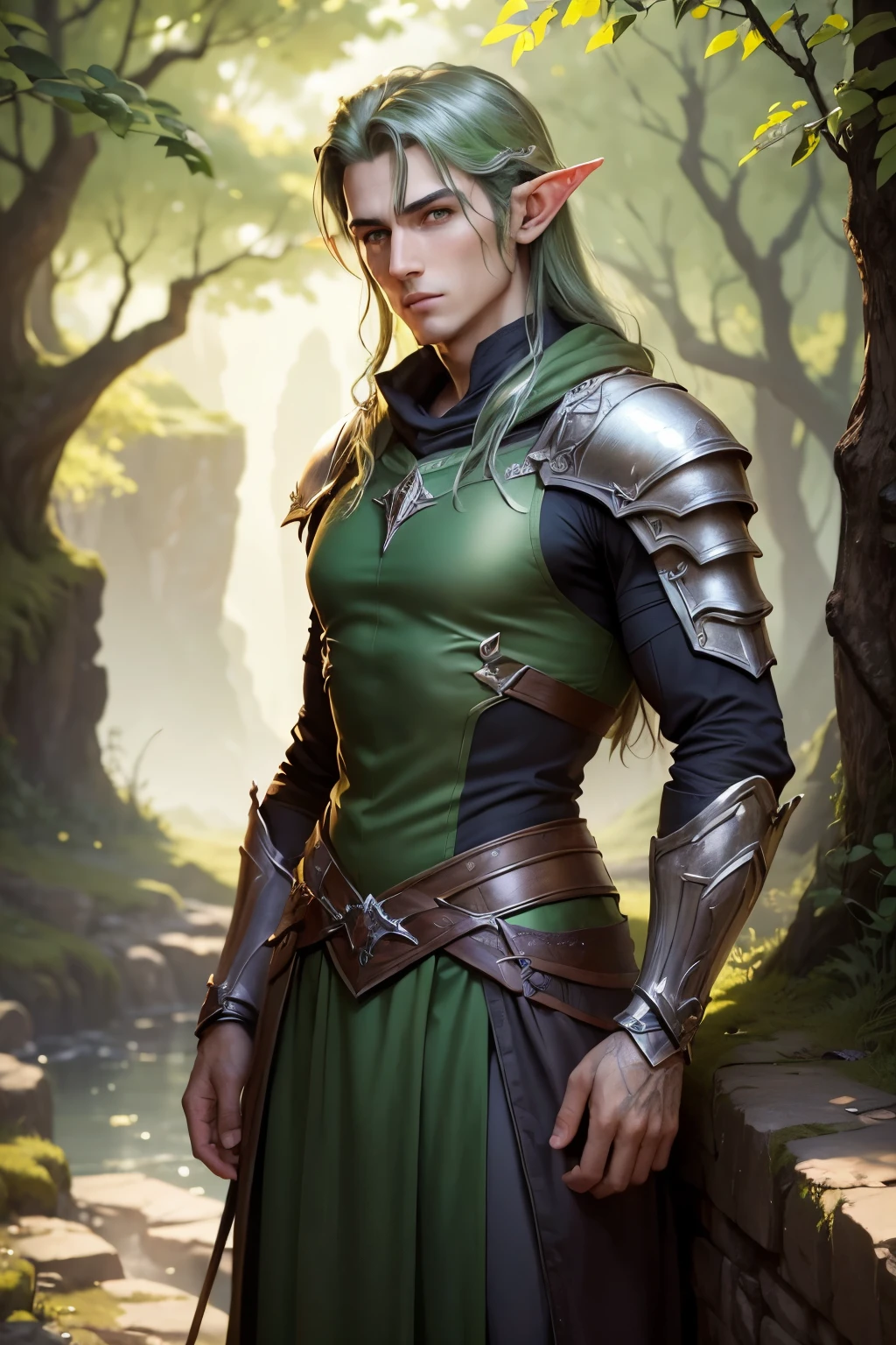 ((best qualityer)), ((work of art)), (detailded), 8K, 4K, hight contrast, work of art, 1 male elf adventurer , green elven armor, in the background magnificent valley ,similar to the works of JRR Tolkien, clear lighting, detailed shadows