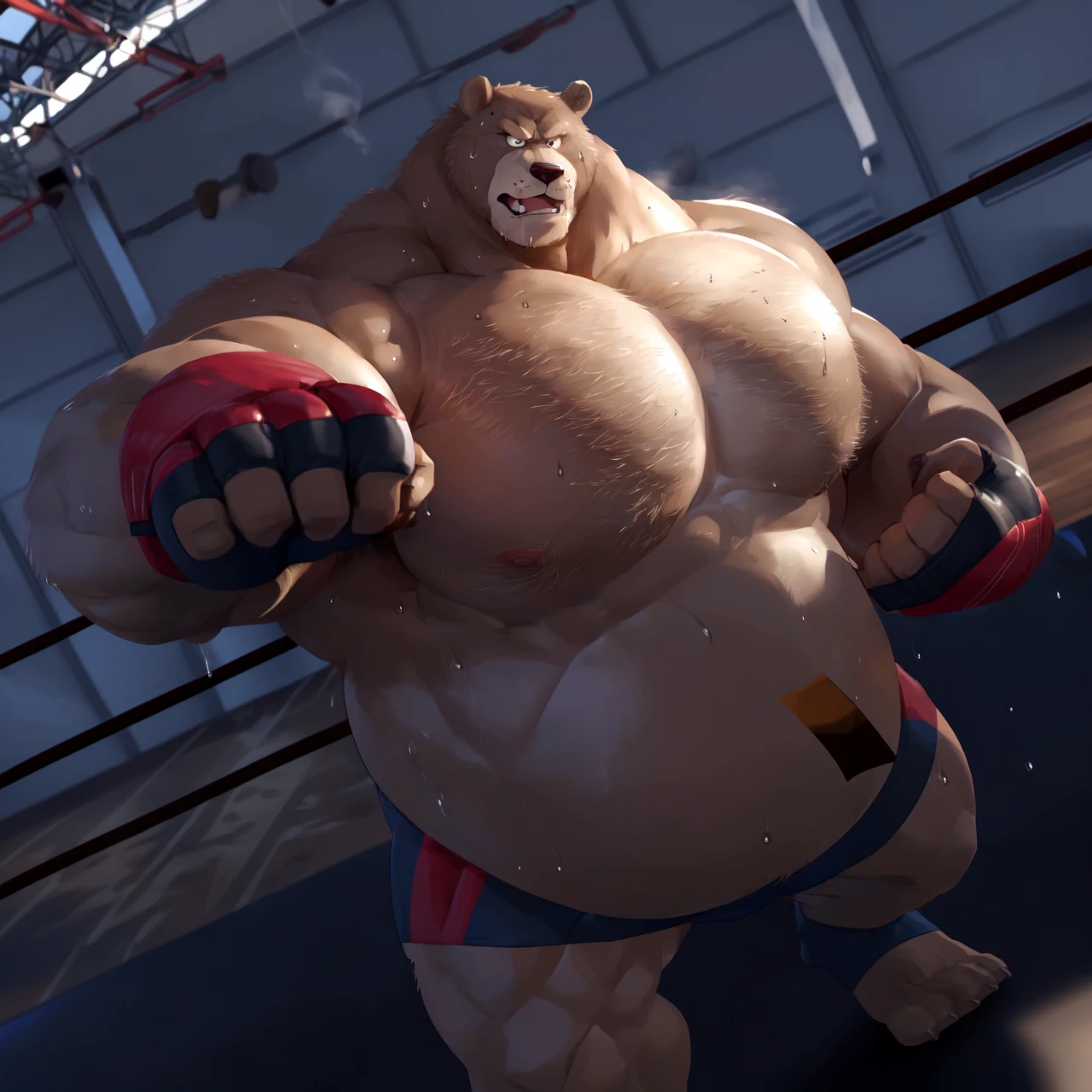 ((solo)), (anthro:1.2) bear (lora; little john), adult, (athletic:1.4), (dense muscles), (super strong:1.4), (correct anatomy:1.2), (broad shoulders:1.2), (heavy build, massive body:1.6), (realistic fur, detailed brown fur texture:1.3), kickboxing martial arts tournament background (corner of the kickboxing MMA ring:1.6), photorealistic, (black compression shorts), (bare torso:1.4), (footwear:1.2), (detailed clothing), hyperrealistic, ultradetailed, (by wfa:1.2), (by takemoto_arashi, by vorusuarts, by Traver009:1, by grimfaust:1), natural lighting, (wet. sweat:1.4), exhausted, ursine head (open eyes, brown mane), (steaming breath:1.2), ((serious:1.4) expression), (punching:1.4), (view from center:1.4)