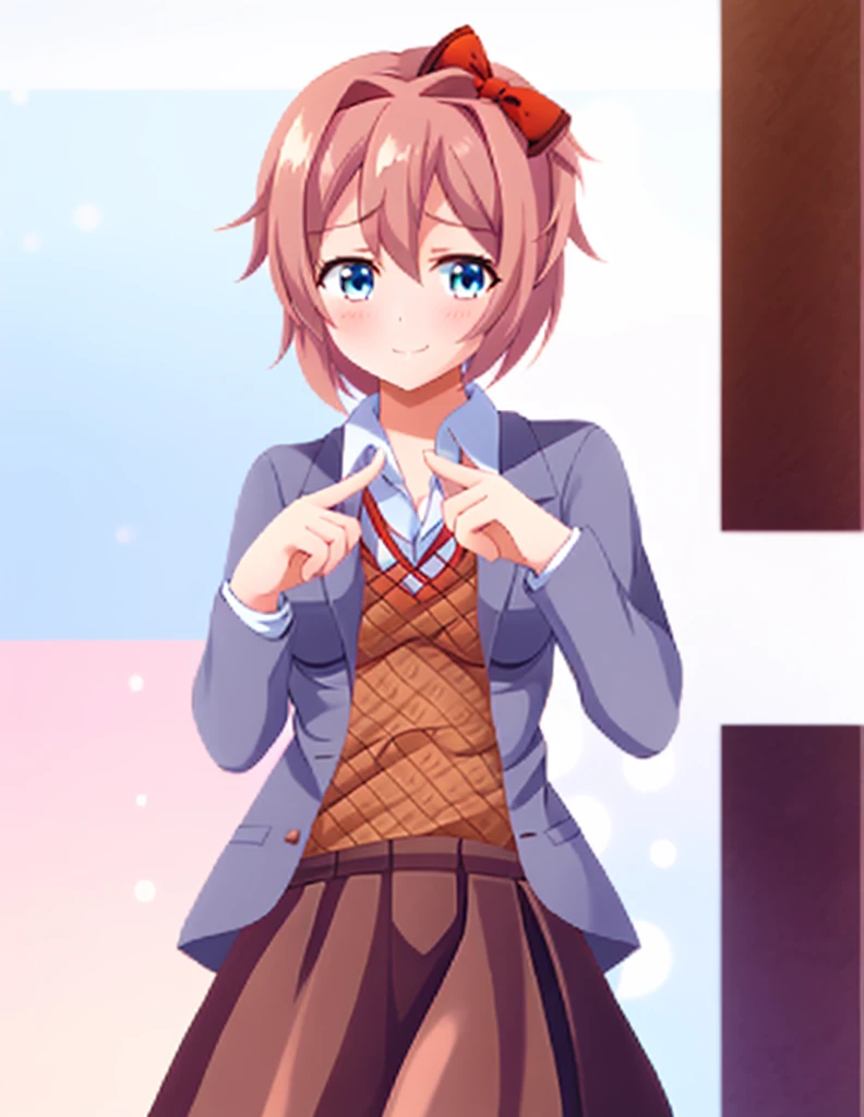 one girl, Sayori, DDLC, school blazer, hair bow, close to girl, light blue eyes, beautiful, index finders together, ashamed, blush, upward glance, dry smile, index finders, shifty eyes, skirt