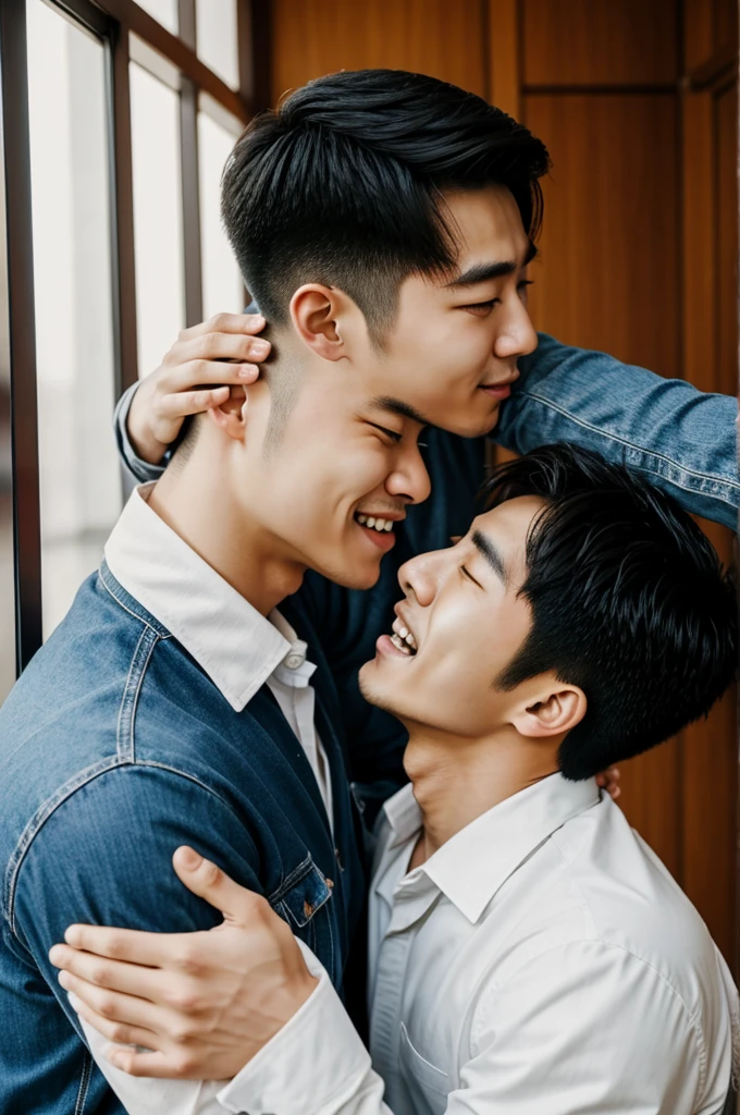 Two Korean men kissing wildly passionately