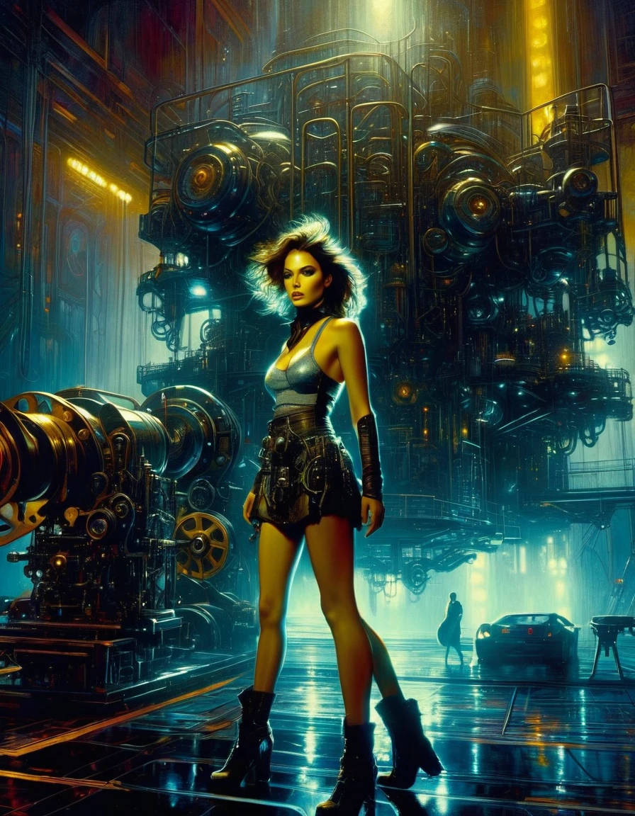 (highly detailed,cinematic lighting,dramatic colors,intricate machinery,futuristic technology,epic scale,moody atmosphere,sexy girl in scene, dark and gritty,masterpiece,best quality,8k,photorealistic,professional) (art inspired in Bill Sienkiewicz). oil painting)