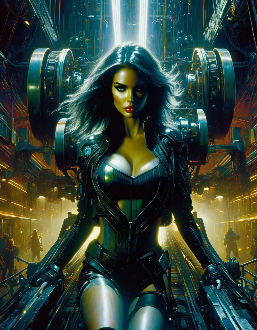 (highly detailed,cinematic lighting,dramatic colors,intricate machinery,futuristic technology,epic scale,moody atmosphere,sexy girl in scene, dark and gritty,masterpiece,best quality,8k,photorealistic,professional) (art inspired in Bill Sienkiewicz). oil painting)