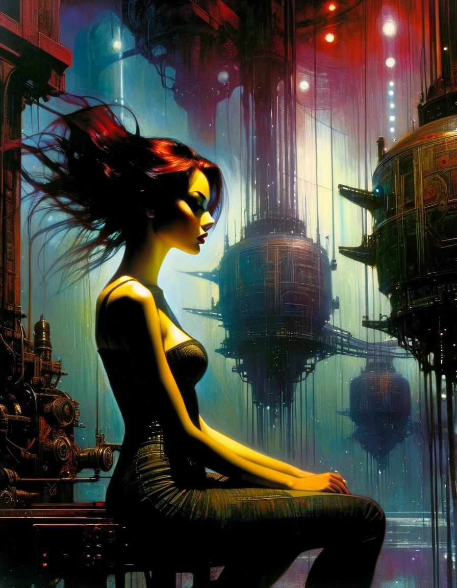 (highly detailed,cinematic lighting,dramatic colors,intricate machinery,futuristic technology,epic scale,moody atmosphere,sexy girl in scene, dark and gritty,masterpiece,best quality,8k,photorealistic,professional) (art inspired in Bill Sienkiewicz). oil painting)