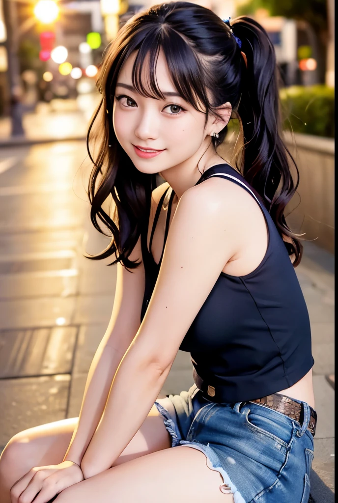 (Highest quality,masterpiece:1.3,Ultra-high resolution),(Very detailedな、Caustics) (Photorealistic:1.4, RAW shooting、)Ultra-Realistic Capture、Very detailed、Natural skin texture、masterpiece、(Sequin tank top and short denim pants:1.3)、1 Japanese girl、Adorable expression、Expressions of Happiness、14 years old、Young Face、Surprisingly cute、Twin tails、Curly Hair、Black Hair、Scrunchie、Earrings、necklace、light makeup、A big bust that seems to burst、This photo was taken on a busy street at night..、Shining thighs、Sit on a bench on the sidewalk、Shooting from the side、smile、An inviting gaze、