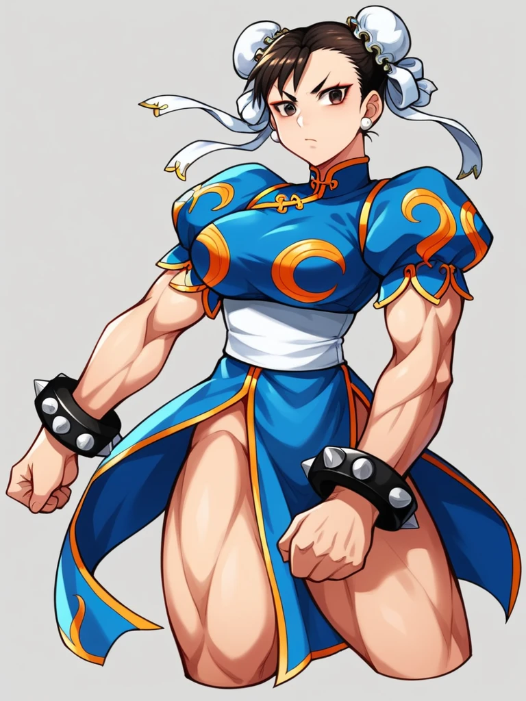 in kinu-sensei artstyle, Kinu Nishimura style, muted pastel colors, medium breasts, Chun-Li, The image features Chun-Li, a character from "Street Fighter 2." She is depicted with a stern expression and a strong stance, Chun-Li has her signature hairstyle with twin buns adorned with white ribbons. Her outfit is a traditional Chinese qipao in a vibrant blue color with gold accents, featuring puffy sleeves and a high collar. She wears spiked bracelets on both wrists. The art style combines realistic proportions with a semi-realistic shading technique, highlighting her muscular build and dynamic pose.
**AI Art Prompts:**
"Chun-Li from Street Fighter 2, detailed character design, traditional Chinese qipao, vibrant blue and gold colors, twin buns with white ribbons, stern expression, dynamic pose, muscular build, semi-realistic shading, spiked bracelets, high collar, puffy sleeves, in kinu-sensei artstyle