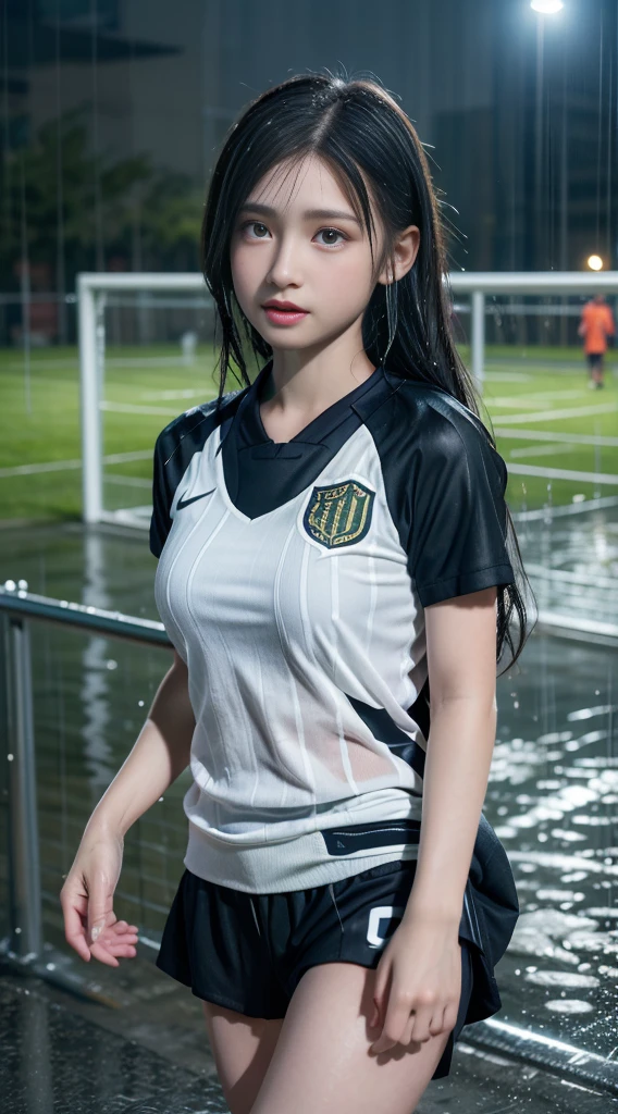 UHigh resolution, retina, masterpiece, Accurate, Anatomically correct, Textured skin, Super detailed, Attention to detail, high quality, Awards, 最high quality, High resolution, 1080P, High resolution, 4K, 8K, 16K、Soccer court、soccer ball、Soccer Shoes、Soccer uniforms、Very cute girls,Sweaty、(Rain makes clothes transparent:1.5)、(heavy rain:1.5)、thunder、(Rain melts clothes:1.5),(heavy snow:50% or heavy rain:50%)