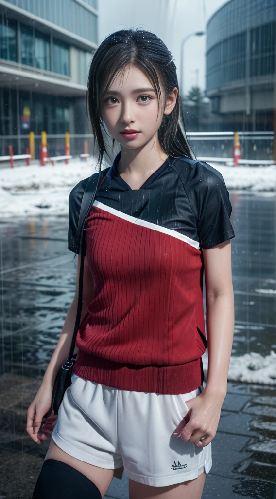 UHigh resolution, retina, masterpiece, Accurate, Anatomically correct, Textured skin, Super detailed, Attention to detail, high quality, Awards, 最high quality, High resolution, 1080P, High resolution, 4K, 8K, 16K、Soccer court、soccer ball、Soccer Shoes、Soccer uniforms、Very cute girls,Sweaty、(Rain makes clothes transparent:1.5)、(heavy rain:1.5)、thunder、(Rain melts clothes:1.5),(heavy snow:50% or heavy rain:50%)
