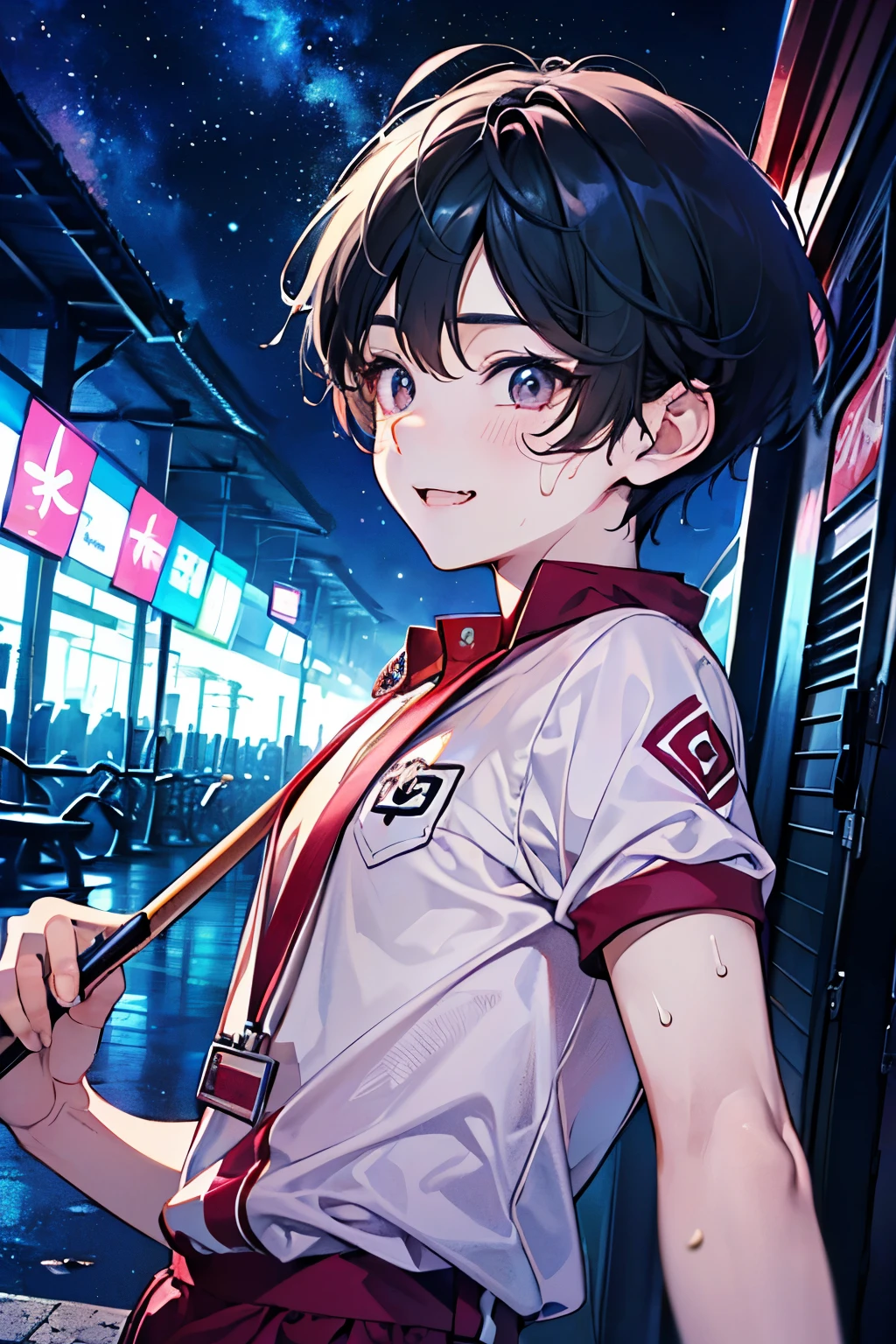 (brush),((cute,kawaii,wonderland)),(A big smile),((boy,Shota,juvenile:1.2)),((gym:1.25)),((Jersey、sweat:1.25)),((Morning Renren:1.15)),Angle from below,Angle of incitement,((Stardust Road)),(Short Hair:1.3),((upper body:1.0)).
