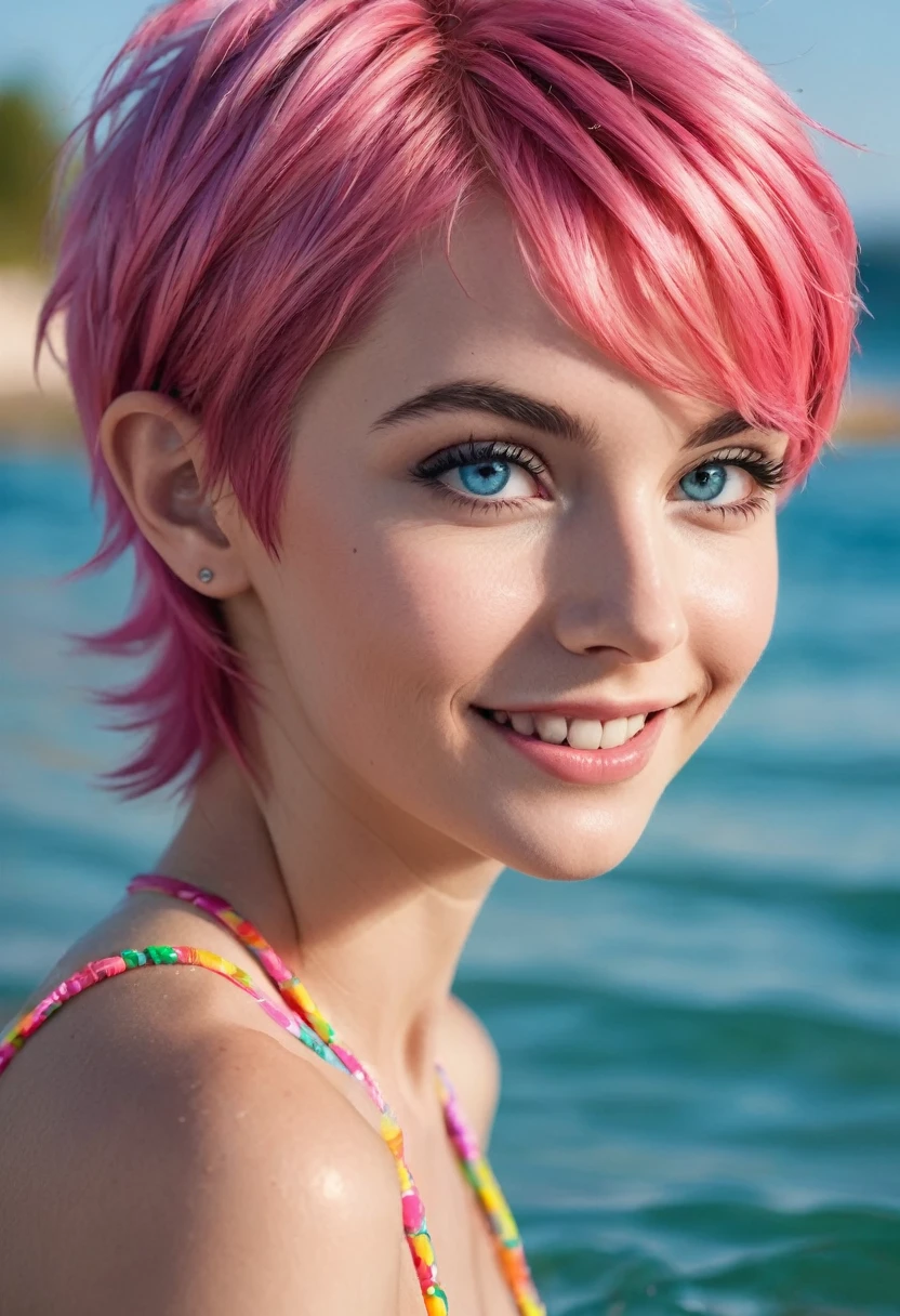 beautiful young woman of 20 years (cute acid pixie:1.4), pink hair, voluminous 80's hair, Blue eyes, photorealistic skin texture, seductive smile, (big tits:1.4), (colorful slingshot bikini:1.5), playing in the water next to a tropical beach, (whole body:1.6)