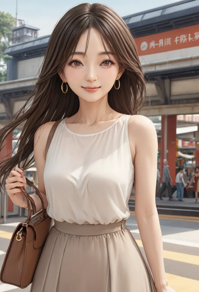 A photo showing you from head to toe、Mature woman with long flowing hair, 40 years old、Wearing a casual sleeveless blouse and a long maxi skirt, pumps、Carry a shoulder bag, Standing outside the station, Symmetrical eyes、Detail Eyes, Details face, Realistic, 4K, Ultra-detailed, high quality