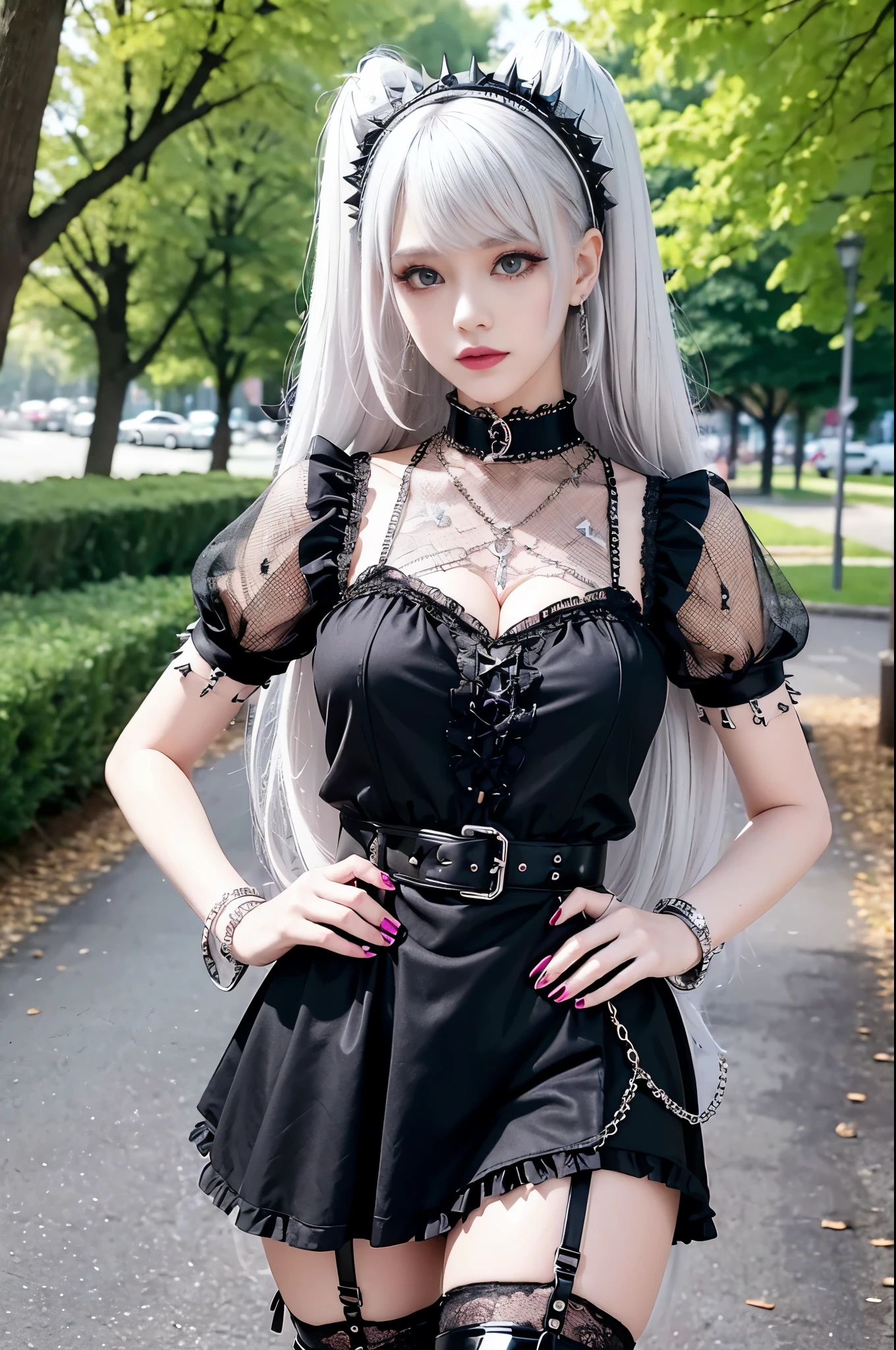 sexy stylish Swedish model, only 1 female, ((doll-like appearance)), long neon pink stylish hair, ((shiny Punk-Style boots)), (happy smile), ultra detailed eyes, Punk makeup, lipgloss, ((sexy Punk ta cosplay)), unconventional skirt, petticoats, high neckline, ((ultra detailed lace)), ((ultra detailed embroidery)), intricate details, tartan patterns, (silver chains), (silver spikes), (safety pins), Punk Loliccessoires, Punk Lolita cr, ((large sparkling Punk Lolita jewel, cinematic light, detailed large park background with trees