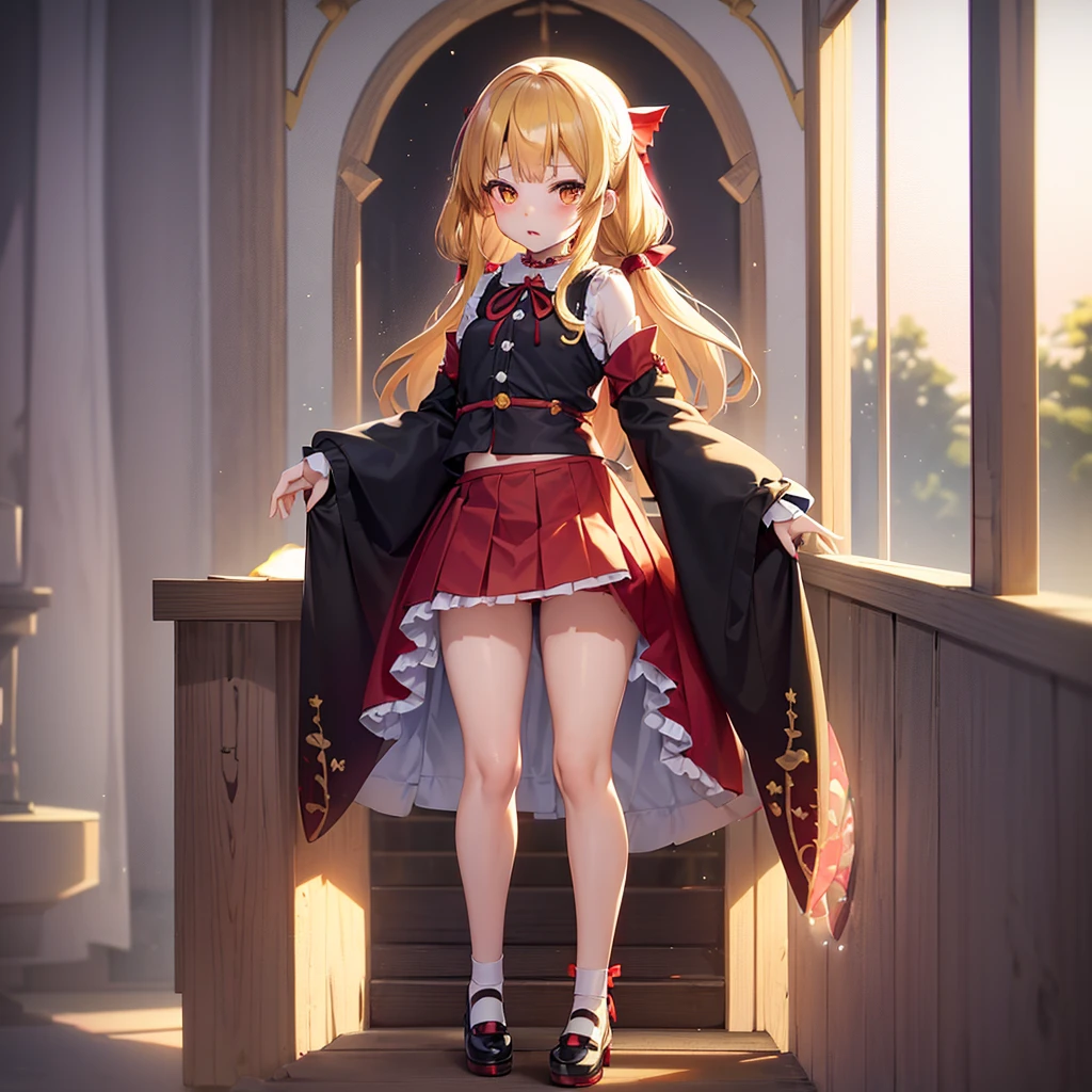 ((Shrine maiden)),Lolita Fashion,(mini skirt),,(Revealing clothing),(In a naughty way),Cute ,Tiny ,Small ,Childish face, Very fine clean face,Top quality,Straight Hair,Yellow hair,(Dark Room), Subtle light, Natural light,Soft lighting,Light from directly behind,(Open your hands), (Are standing),Front view,Black background