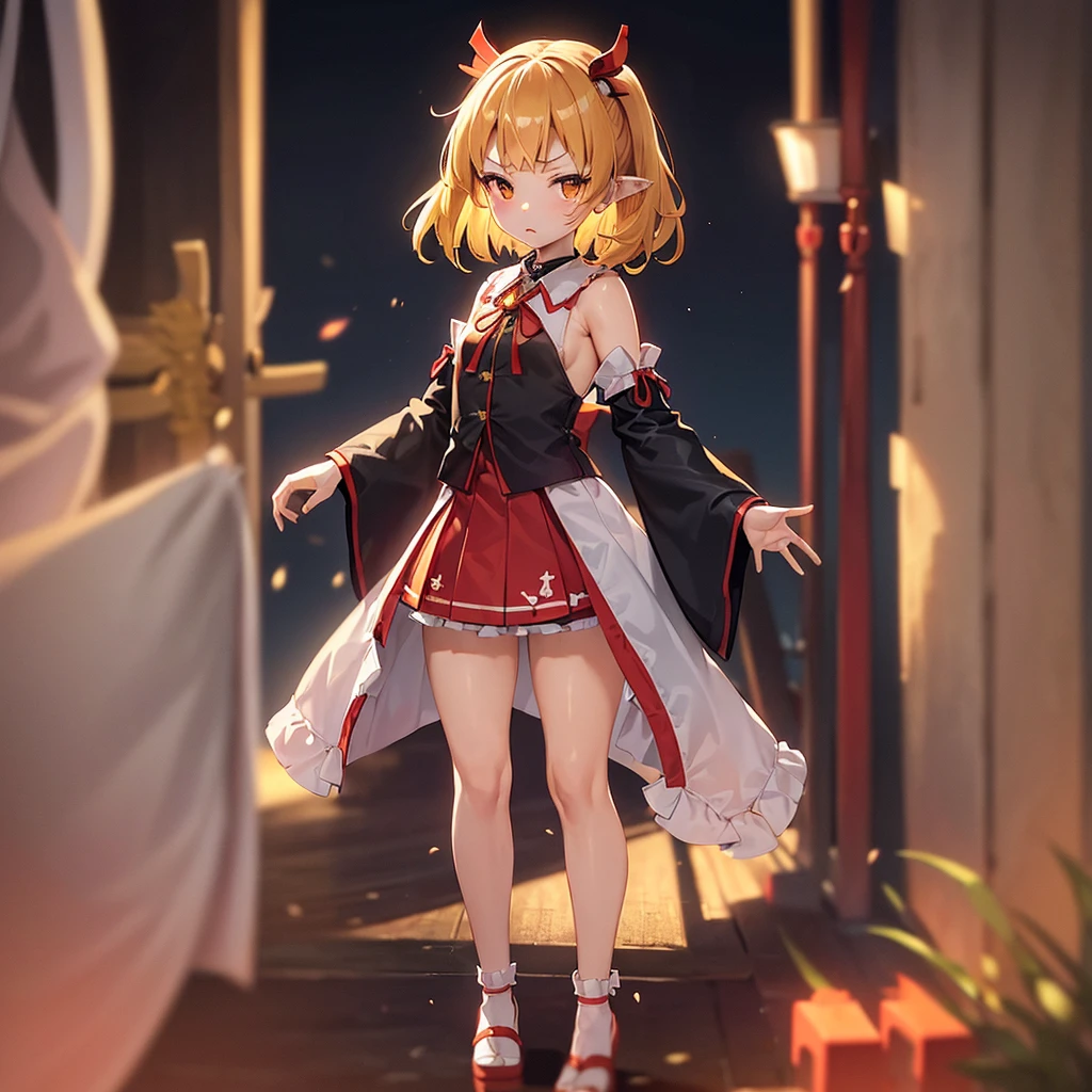 ((Shrine maiden)),Lolita Fashion,(mini skirt),,(Revealing clothing),(In a naughty way),Cute little ,Tiny ,Small girl,,Childish face, Very fine clean face,Top quality,Straight Hair,Yellow hair,(Dark Room), Subtle light, Natural light,Soft lighting,Light from directly behind,(Open your hands), (Are standing),Front view,Black background