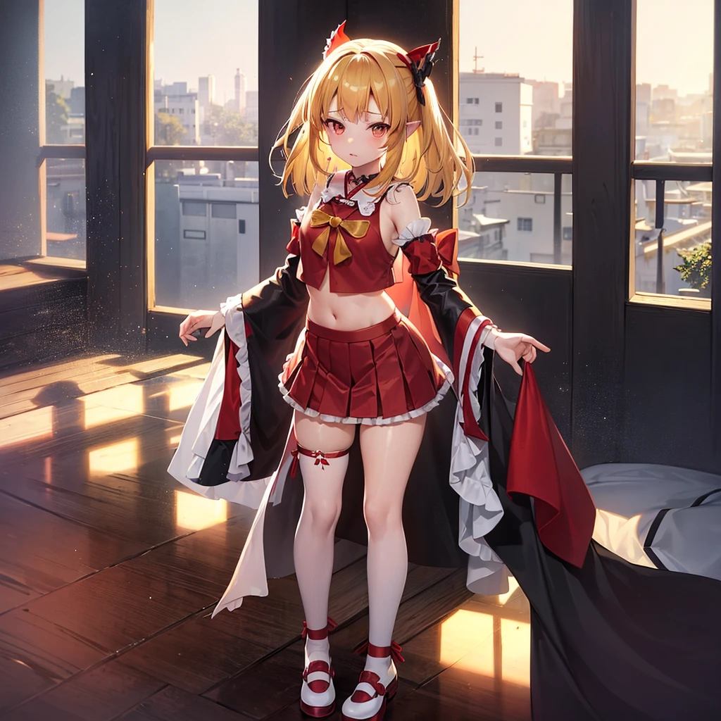 ((Shrine maiden)),Lolita Fashion,(mini skirt),,(Revealing clothing),(In a naughty way),Cute ,Tiny ,Small ,Childish face, Very fine clean face,Top quality,Straight Hair,Yellow hair,(Dark Room), Subtle light, Natural light,Soft lighting,Light from directly behind,(Open your hands), (Are standing),Front view,Black background