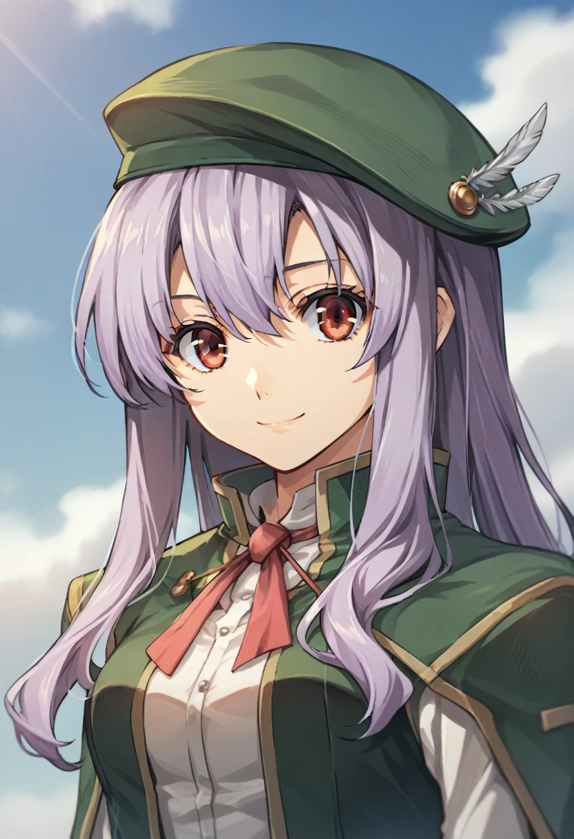 check_9, check_8_up, check_7_up, check_6_up, check_5_up, check_4_up, BREAK,
source_Anime, rating_safe Aeolia, lavender hair, long hair, Red eyes, Medium breasts, Green Beret, It has, A green dress, green coat, black tights, White shirt, brown shorts, fleece-lined boots, Brown boots,
Looking at the viewer, smile, upper body, portrait,
1 girl, on open air, sky, clouds, distant mountains,