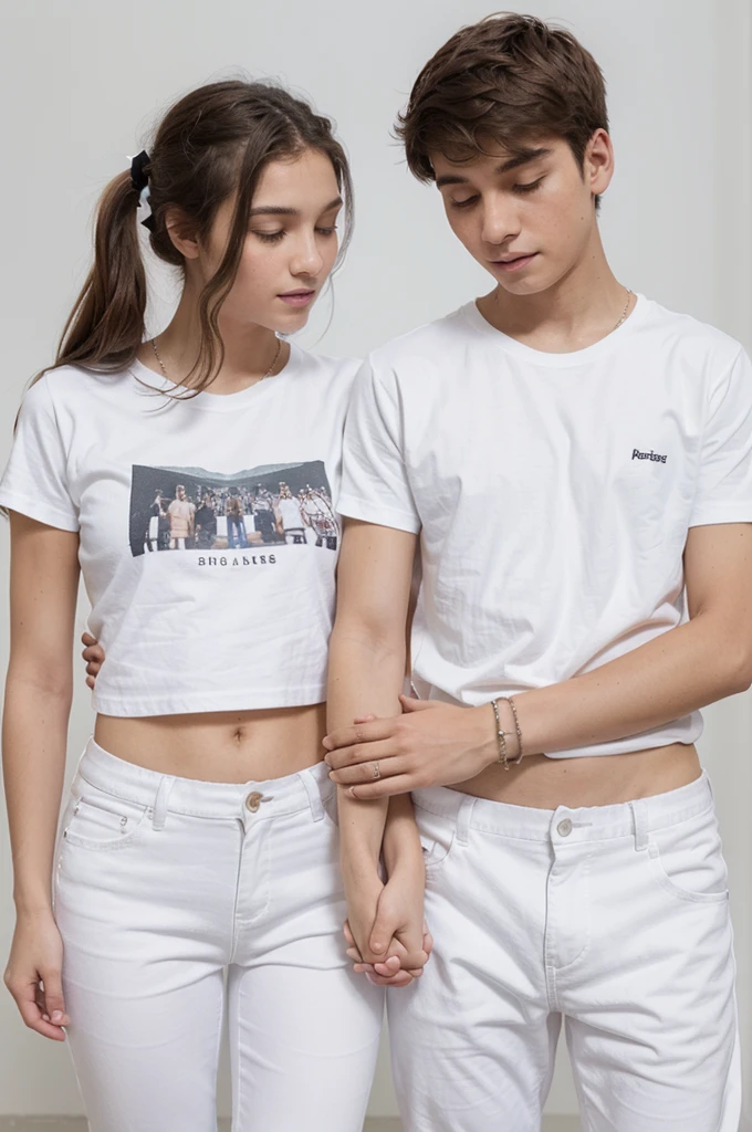 heterosexual couple of teenage lovers aged 12, a boy and a girl hugging each other, both wearing a white t-shirt, white pants, white sneakers, seen from the front and full body and with white bracelets on their arms, holding hands. both the same height and wearing a black t-shirt with tanned skin and a black bracelet on the same arm where they are holding hands. The couple's arms must be close together. both must be wearing white clothes. T-shirt must not have drawings, just white.