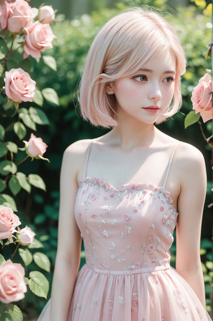 8K, RAW Photos, Fujifilm, Avril-like style photo of a beautiful young woman in a garden of pale pink roses (Highly detailed skin: 1.2) Style Petal Break Short Hair, Blonde and colored hair, Wearing a dress, Film Granulation, 35mm, Cute Style