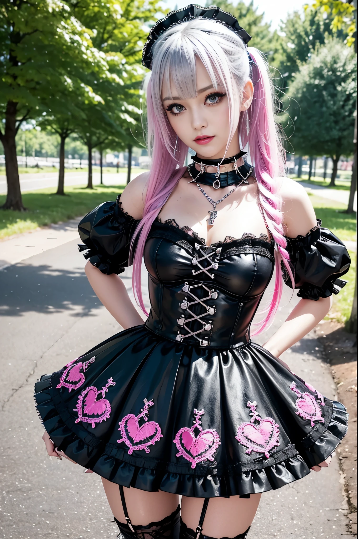 sexy stylish Swedish model, only 1 female, ((doll-like appearance)), long neon pink stylish hair, ((shiny Punk-Style boots)), (happy smile), ultra detailed eyes, Punk makeup, lipgloss, ((sexy Punk ta cosplay)), unconventional skirt, petticoats, high neckline, ((ultra detailed lace)), ((ultra detailed embroidery)), intricate details, tartan patterns, (silver chains), (silver spikes), (safety pins), Punk Loliccessoires, Punk Lolita cr, ((large sparkling Punk Lolita jewel, cinematic light, detailed large park background with trees