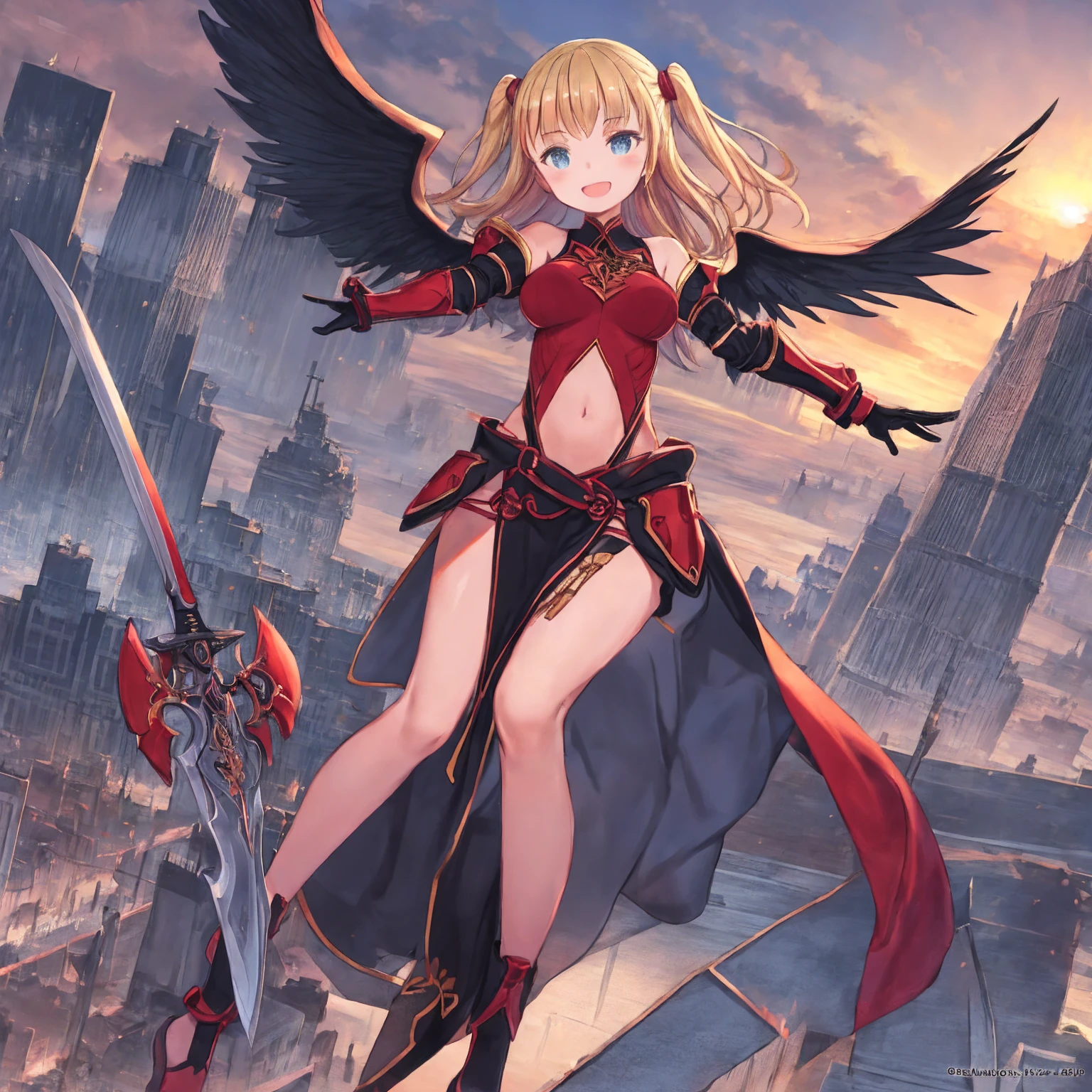 fantasy, 1girl, low_teen, blond_hair,long_bangs, bare_shoulder, navel out, thighhighs,black_armor, red_clothes,waist_armor, Glebe, hold_sword, medium_breasts, dynamic_flying_pose,Floating, (1pair_black_wings:1.2),(pelvic_curtain:1.3), Headgear ,looking_down_city,sunset_city_sky_background,,slightly_spread_legs,some_swords_floating_around_the_girl,solo,light_smile,open_mouth,open_legs,open_arms,rise_knee,rise_leg,rise_thigh,rise_leg,forward_leaning_posture,apart_legs,