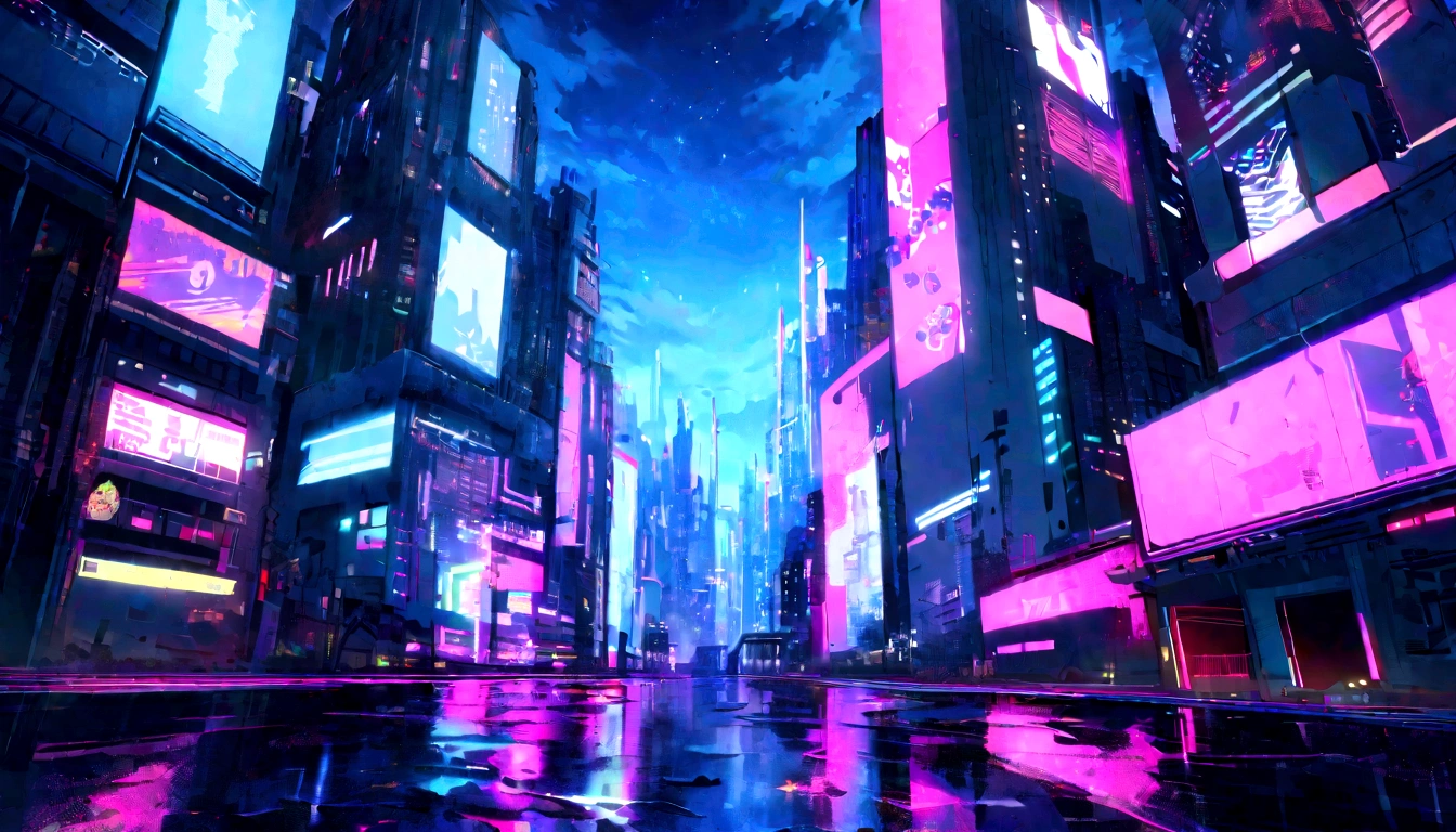(Raw work) Cyberpunk-inspired city, Illuminated sky, Neon Light, Image seen from zero, Wide landscape, Future City