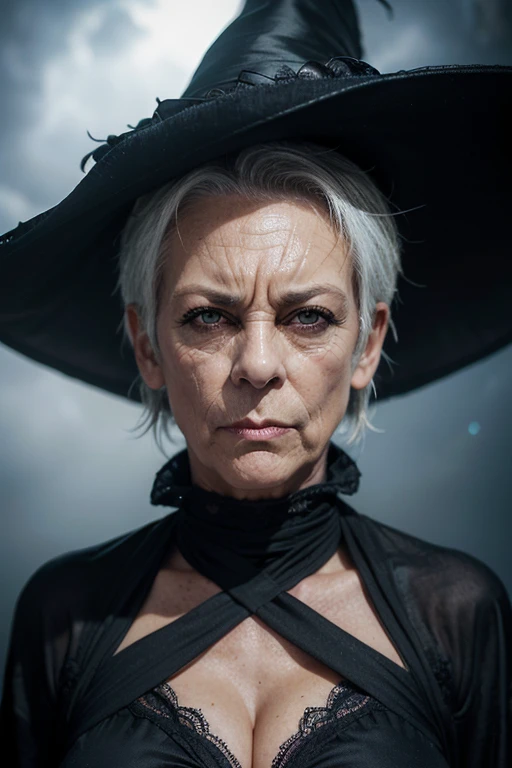 ((best quality)), ((masterpiece)), ((realistic)), (detailed), Very old frightening and scaring witch with scary eyes, (((Jamie Lee Curtis))), (((old wrinkled face:1.2))), (((accentuated big nose))), (((white hair))), black witch hat,  ((large breasts)), ((cleavage)), (((mad sky hallucination))), baroque maximalist, chibi by Artificial Nightmares, Tim Burton, detailed face, (((sharp eyes))), extremely detailed, photorealistic, highly detailed, organic, dynamic, ultra realistic, high definition, intricate details, crisp quality, with a (young sexy body), (((upper waist shot:1.3)), shadow and light, ((crazy frightening face)), (((SFW))), (((non nude))), dressed, cleavage, 